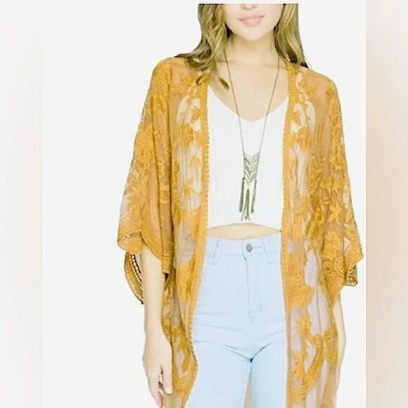 Altar'd State Yellow Mesh Embroidered Duster Lightweight Kimono Festival Boho - Picture 1 of 6